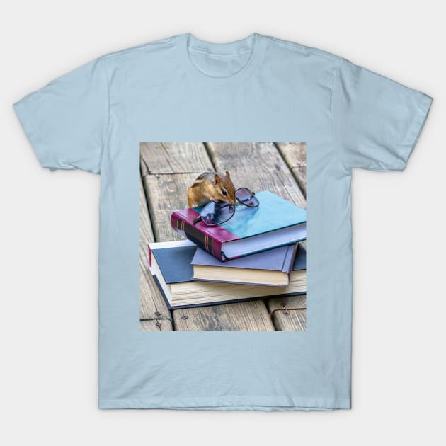 Chipmunk discovers a stack of books and a pair of glasses T-Shirt by iyd39